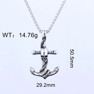 Detail showing vintage stainless steel anchor skull pendant with dimensions and weight
