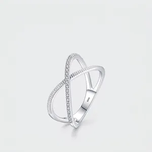 925 Sterling Silver Cross Ring For Women Pave Cubic Zirconia Textured X Shaped Geometric Minimalist Jewelry Gift