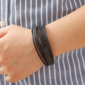 Handmade multilayer black woven leather bracelet with vintage alloy buckle for men and women