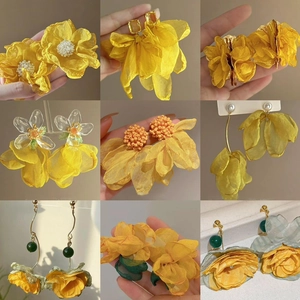 Yellow Flower Tassel Earrings Alloy Artificial Crystal And Fabric With Silver Earring Post Sweet Fresh Jewelry Women