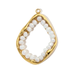 Detail of teardrop stainless steel pendant with gold frame and faceted iridescent beads