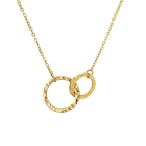 Gold interlocking double ring necklace with hammered texture finish on O-chain
