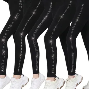 Women Leggings Rhinestone Side Decoration High Elastic Slimming Seamless Fleece Lined Ankle Length Black