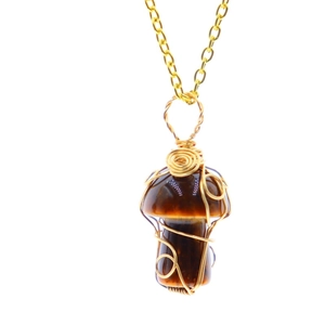 Handmade wire-wrapped mushroom pendant necklace with natural tiger eye stone and gold chain