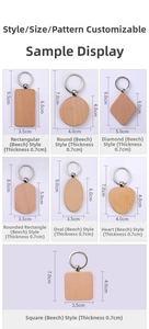 Detailed size chart for various geometric beech wood keychains with metal rings