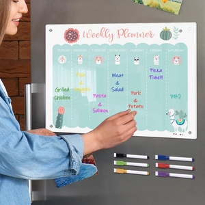 Magnetic acrylic weekly planner for fridge with alpaca motif and six colored dry erase pens
