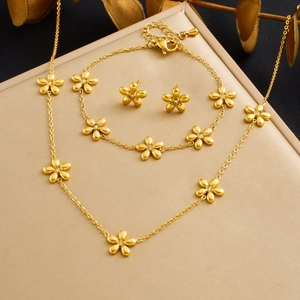 Flower Jewelry Stainless Steel Gold Plated Rhinestone Necklace Bracelet Earrings For Women Fashion