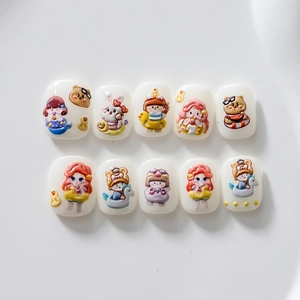 5D embossed cartoon nail stickers with 3D texture featuring cute rabbit and girl motifs