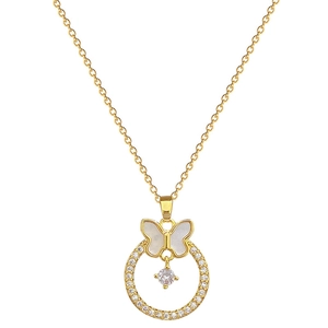 Elegant gold titanium steel necklace featuring a crystal butterfly and sparkling ring pendant