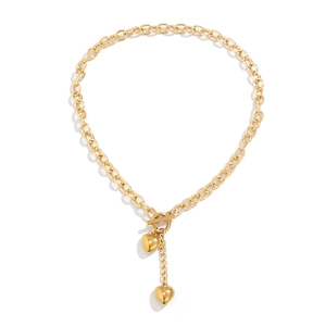 Gold-plated chunky chain necklace with double heart pendants and T-bar OT clasp closure