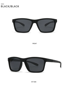 Front and 45-degree side views of classic matte black polarized sunglasses for men