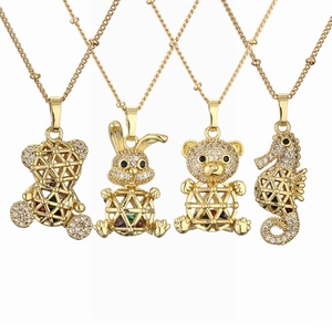 Collier Pendentif en Cuivre Micro Pavé Zirconia Plaqué Or Creux Animal Ours Lapin Hippocampe Bijoux Pour Femmes