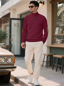 Men's wine red slim fit long sleeve knit polo shirt with brown elbow patches