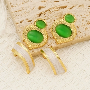 Golden cat eye stone stud earrings and marble texture C-shape hoops set for women