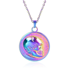 Detailed macro view of colorful skull pendant with neon iridescent finish on a chain