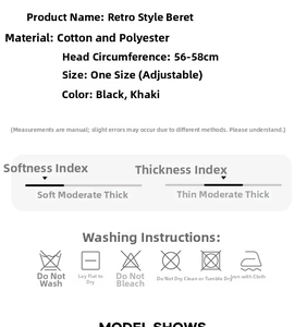 Close-up of vintage beret tag with cotton blend material info and washing instructions