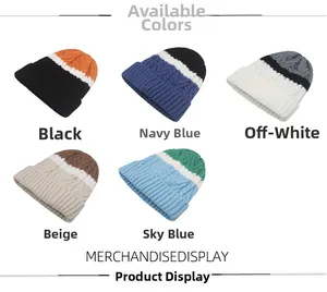 Detailed grid view showing five color variants of chunky cable-knit beanies for winter