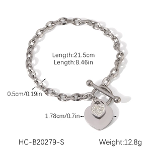 Detail of stainless steel heart pendant bracelet showing 21.5cm length and OT clasp