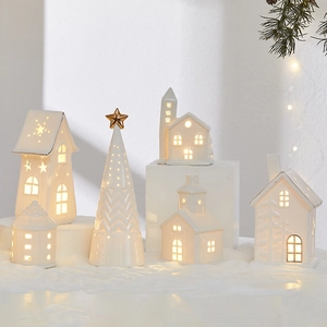 Glowing White Ceramic Christmas Tree And House Ornaments With LED Warm Light Gold Star Top For Tabletop Holiday Decoration