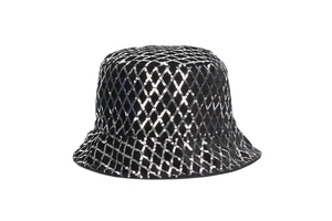 Close-up of black bucket hat featuring silver sequins in a diamond lattice pattern