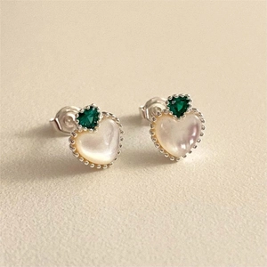 Heart Stud Earrings 925 Sterling Silver Mother Of Artificial Pearl Green Zircon Elegant Vintage Style Jewelry For Women