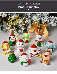 Close-up of 10-piece mini Christmas figurine set featuring Santa, snowman and animals