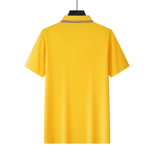 Detail of yellow polo shirt back featuring striped knit collar and pique cotton texture