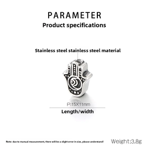 Macro view of a 15x11mm stainless steel Hamsa hand charm for DIY jewelry making