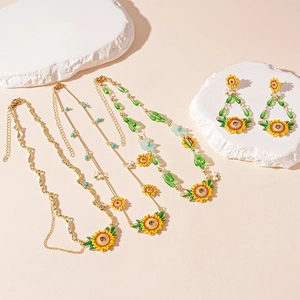 Summer enamel sunflower and bee necklace set with sparkling green crystal beads