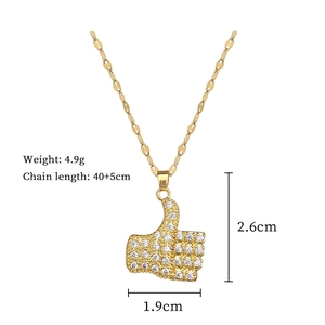 Golden necklace with crystal-pave thumbs up pendant and size dimensions display