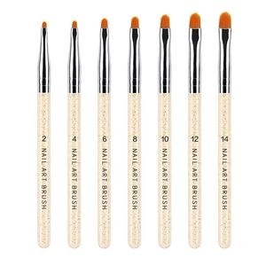 Detailed set of 7 professional UV gel nail brushes with glitter handles in sizes 2 to 14