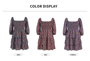 Robe fleurie à col carré de style français en options de couleurs gris, rouge et violet