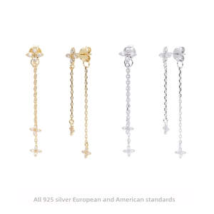 925 Sterling Silver Flower Tassel Drop Earrings Elegant Zirconia Long Chain Earrings Minimalist Daily Jewelry For Women