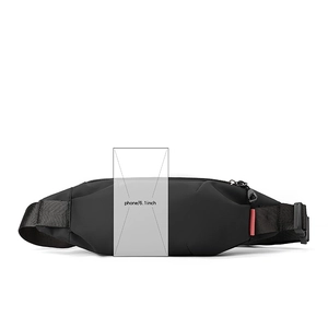 Mini black nylon crossbody waist bag showing capacity for a 6.1 inch smartphone
