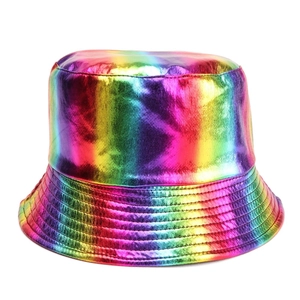 Macro shot of colorful metallic rainbow bucket hat with reinforced brim stitching