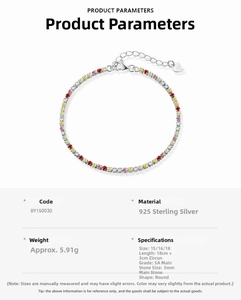 Detail of 925 sterling silver colorful tennis bracelet with 3mm round 5A cubic zirconia