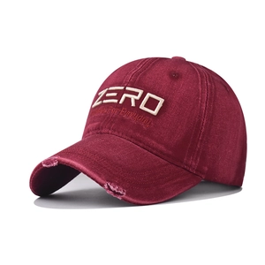 Vintage burgundy cotton baseball cap with ZERO embroidery and distressed brim details