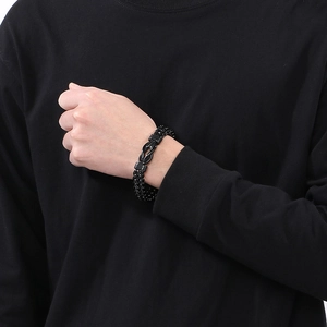 Détail du bracelet cubain double rang en acier inoxydable noir pour hommes avec fermoir