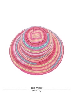 Overhead view of colorful striped straw sun hat with woven texture and wide brim