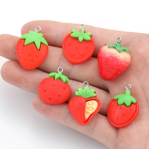 Set of six red resin strawberry charms for DIY jewelry and keychain making