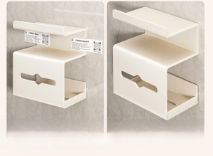 Detail of punch-free beige bathroom shelf with built-in tissue dispenser and S-shaped tiers