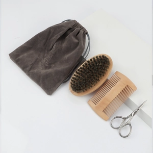 4-piece men's beard grooming kit with boar bristle brush, wood comb, scissors, and pouch