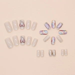 Rainbow cat-eye press-on nails with 3D fruit patterns like cherry and grape