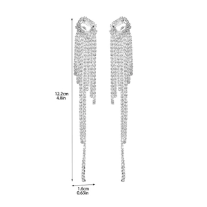 Detail view of luxury silver rhinestone fringe earrings showing 12.2cm length dimensions