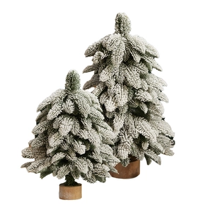 Artificial flocked snowy Christmas trees with wooden bases in two different sizes