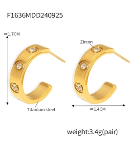 Detailed view of C-shaped titanium steel earrings with zircon stones and measurements