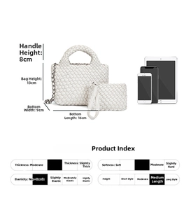 Detail view of woven leather mini bucket bag set with chain strap and size dimensions