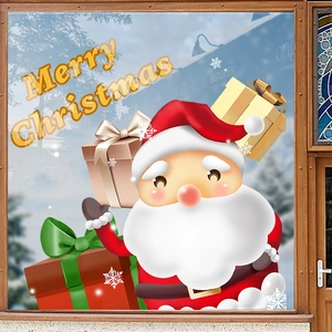 Merry Christmas window stickers featuring cartoon Santa Claus and gold gift boxes scene