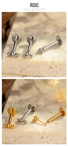 Detailed tile display of G23 titanium flat back stud with three beads design in gold and silver