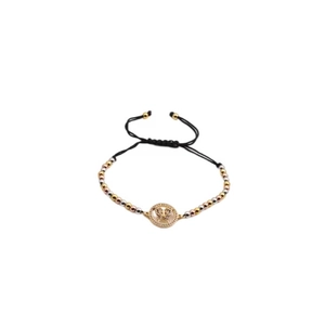Adjustable tri-color bead bracelet with a crystal butterfly charm on black woven cord